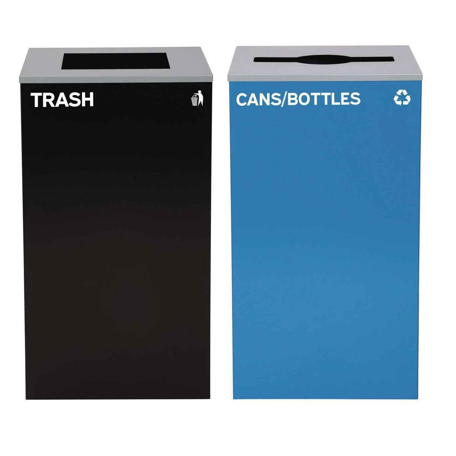 Alpine Industries 29 Gallon Trash/Recycling Cans, Steel, Blue Cans/Bottles Recycling with Mixed Lid, Black Trash Can with Square Lid