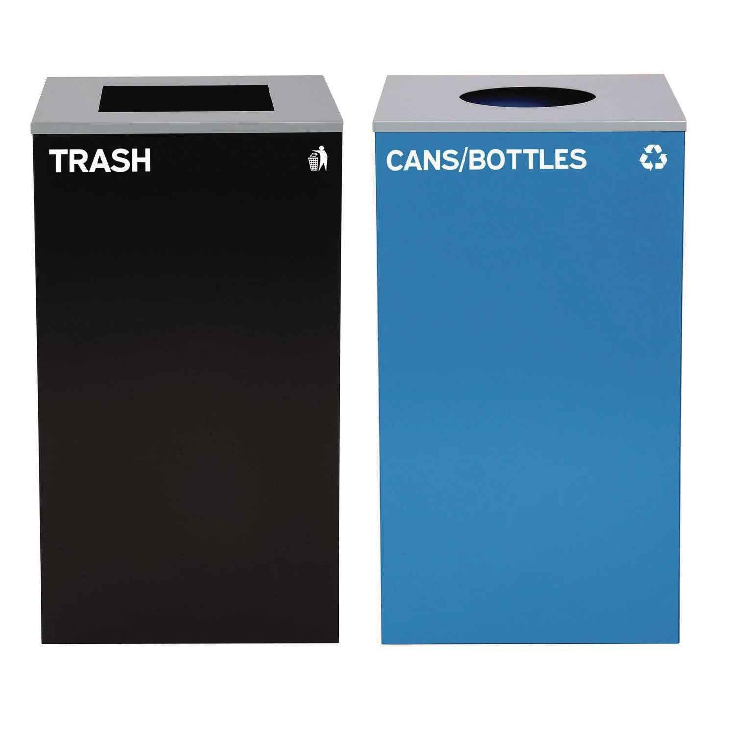 Alpine Industries 29 Gallon Trash/Recycling Cans, Steel, Blue Cans/Bottles Recycling with Circle Lid, Black Trash Can with Square Lid