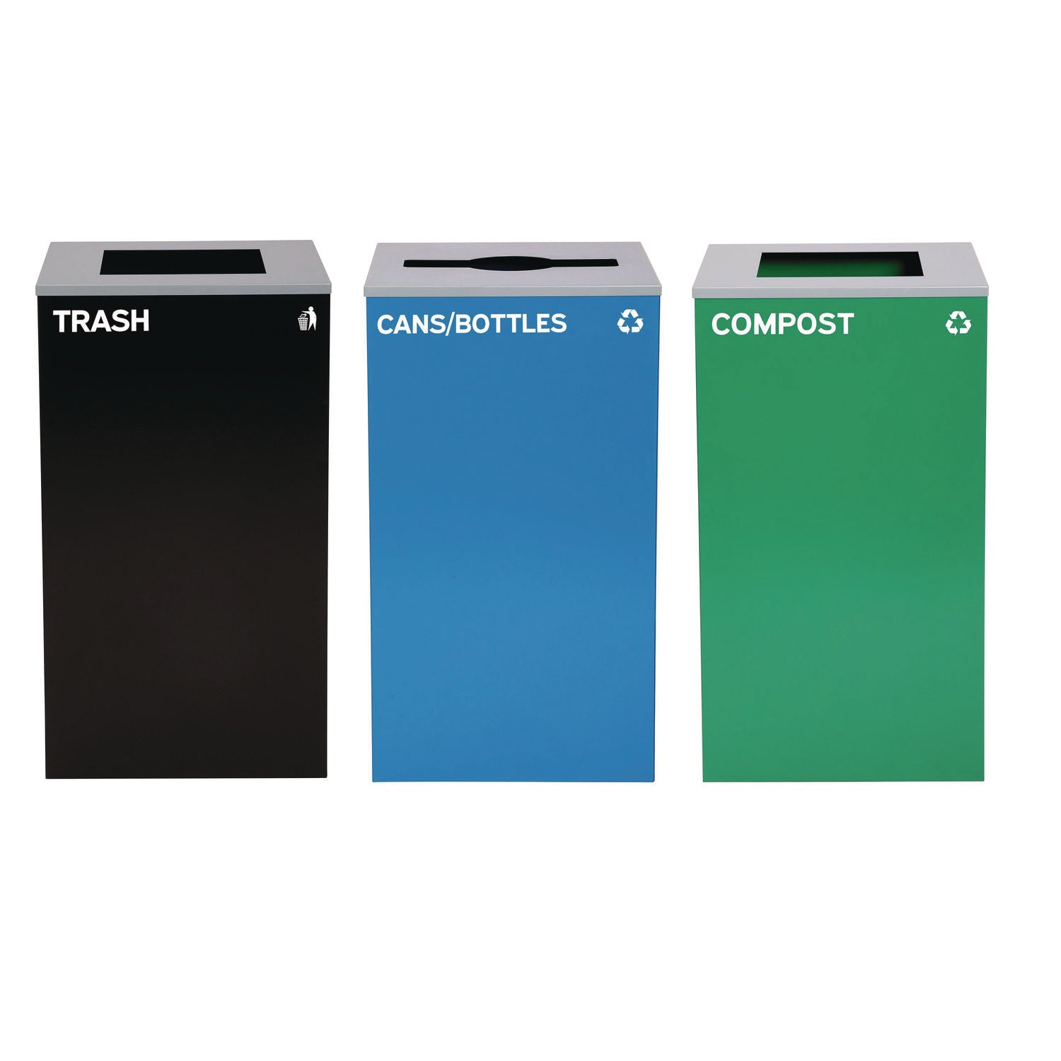 Alpine Industries 29 Gallon Trash/Recycling Cans, Steel, Blue Cans/Bottles Recycling Can w/Mixed Lid, Green Compost and Black Trash w/Sq Lid - Bloom Skins