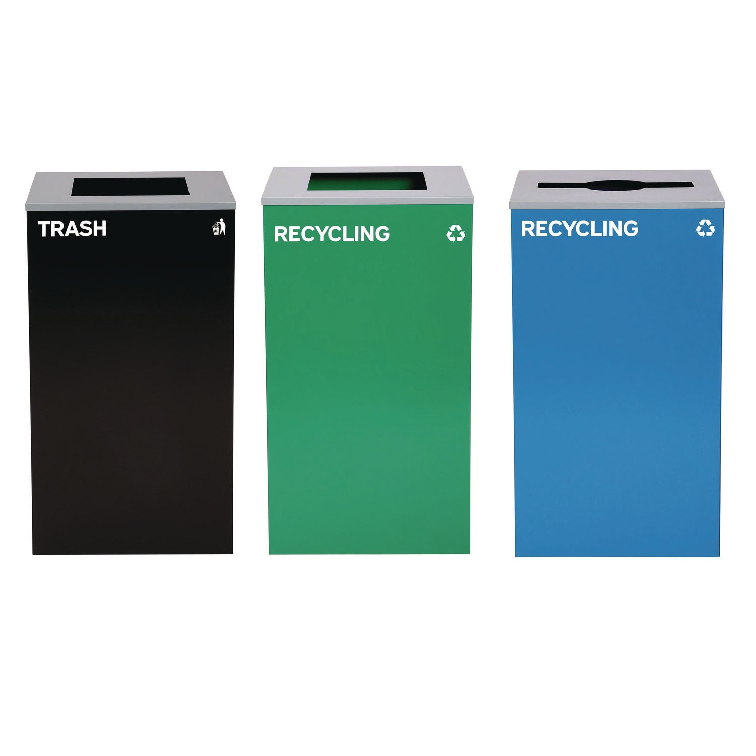 Alpine Industries 29 Gallon Trash/Recycling Cans, Steel, Blue Recycling Can w/Mixed Lid, Green Recycling Can and Black Trash Can with Sq Lid - Bloom Skins