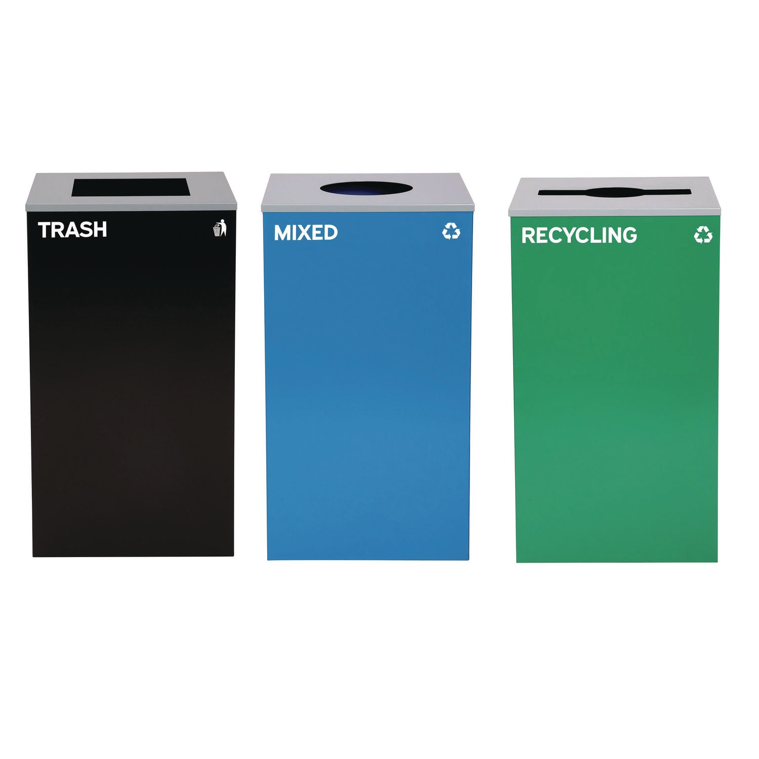 Alpine Industries 29 Gallon Trash/Recycling Cans, Steel, Blue Mixed Recycling w/Circle Lid, Green Recycling w/Mixed Lid, Black Trash w/Sq Lid - Bloom Skins