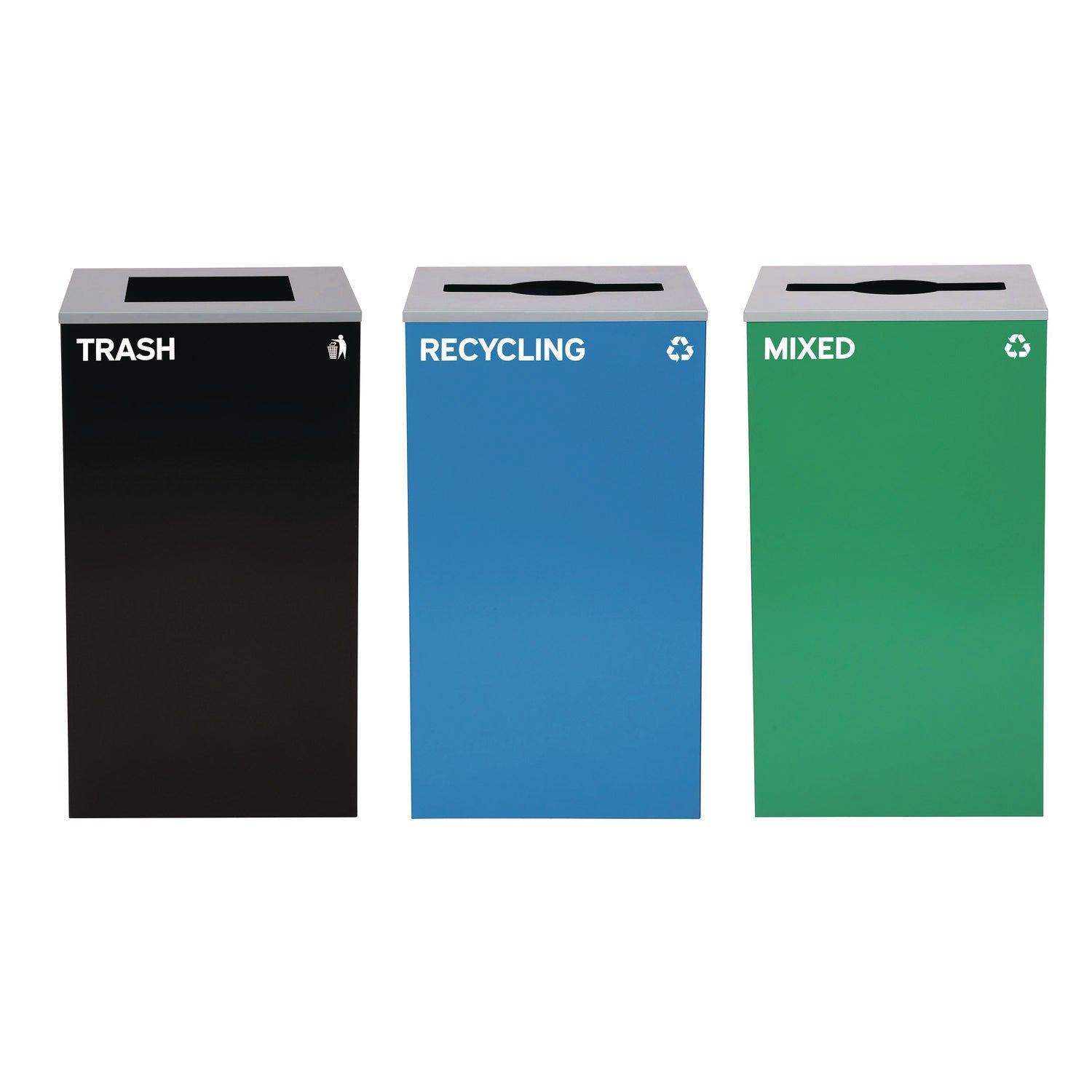 Alpine Industries 29 Gallon Trash/Recycling Cans, Steel, Blue Recycling and Green Mixed Recycling Can w/Mixed Lids, Black Trash Can w/Sq Lid - Bloom Skins