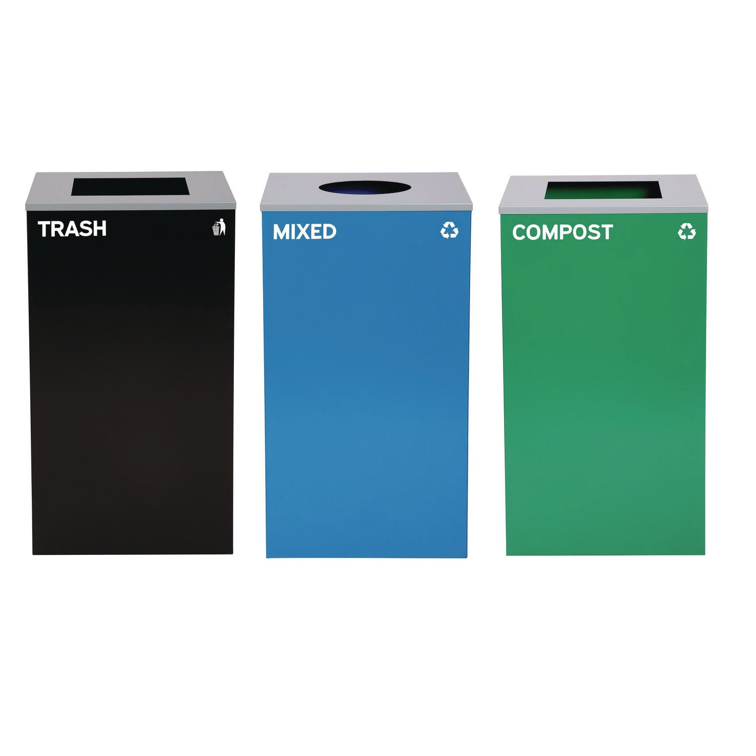 Alpine Industries 29 Gallon Trash/Recycling Cans, Steel, Blue Mixed Recycling Can w/Circle Lid, Green Compost and Black Trash Cans w/Sq Lids - Bloom Skins