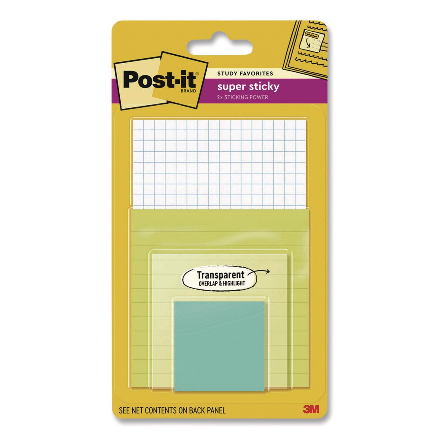 Post-it® Notes Super Sticky Pad Collection Assortment Pack with Transparent Notes, Assorted Colors/Ruling/Sizes, 4 Pads/Pack