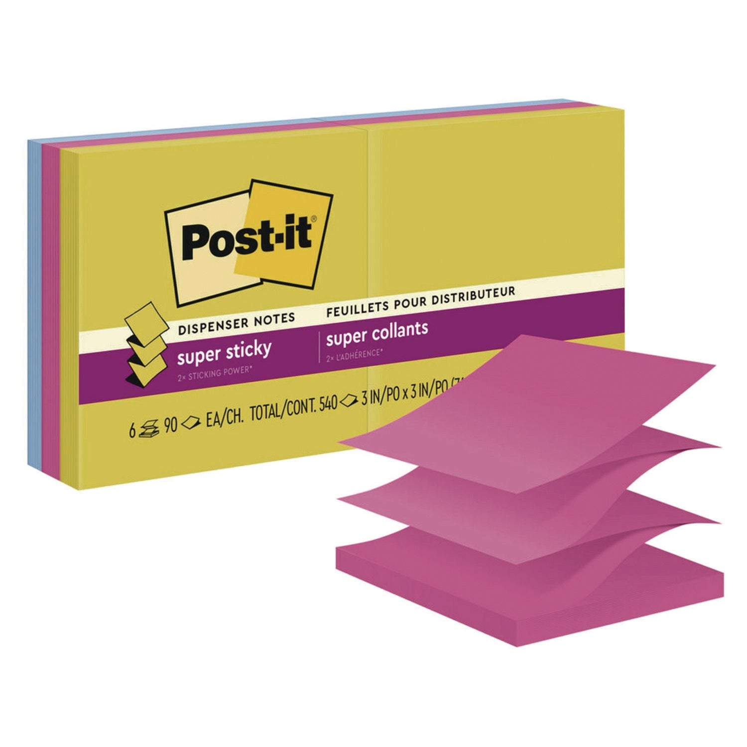 Post-it® Pop-up Notes Super Sticky Pop-Up Notes Summer Joy Collection Colors, 3" x 3", Assorted Colors, 90 Sheets/Pad, 6 Pads/Pack