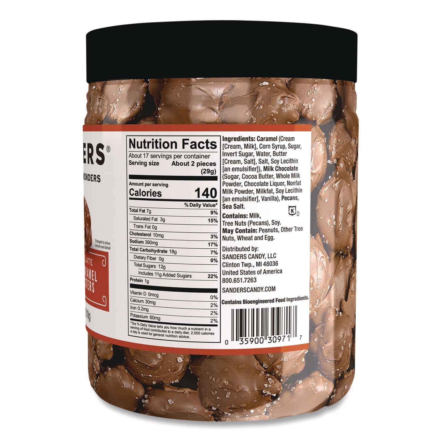 Sanders® Small Batch wonders Sea Salt Caramel Pecan Clusters, 18 oz Tub - Bloom Skins