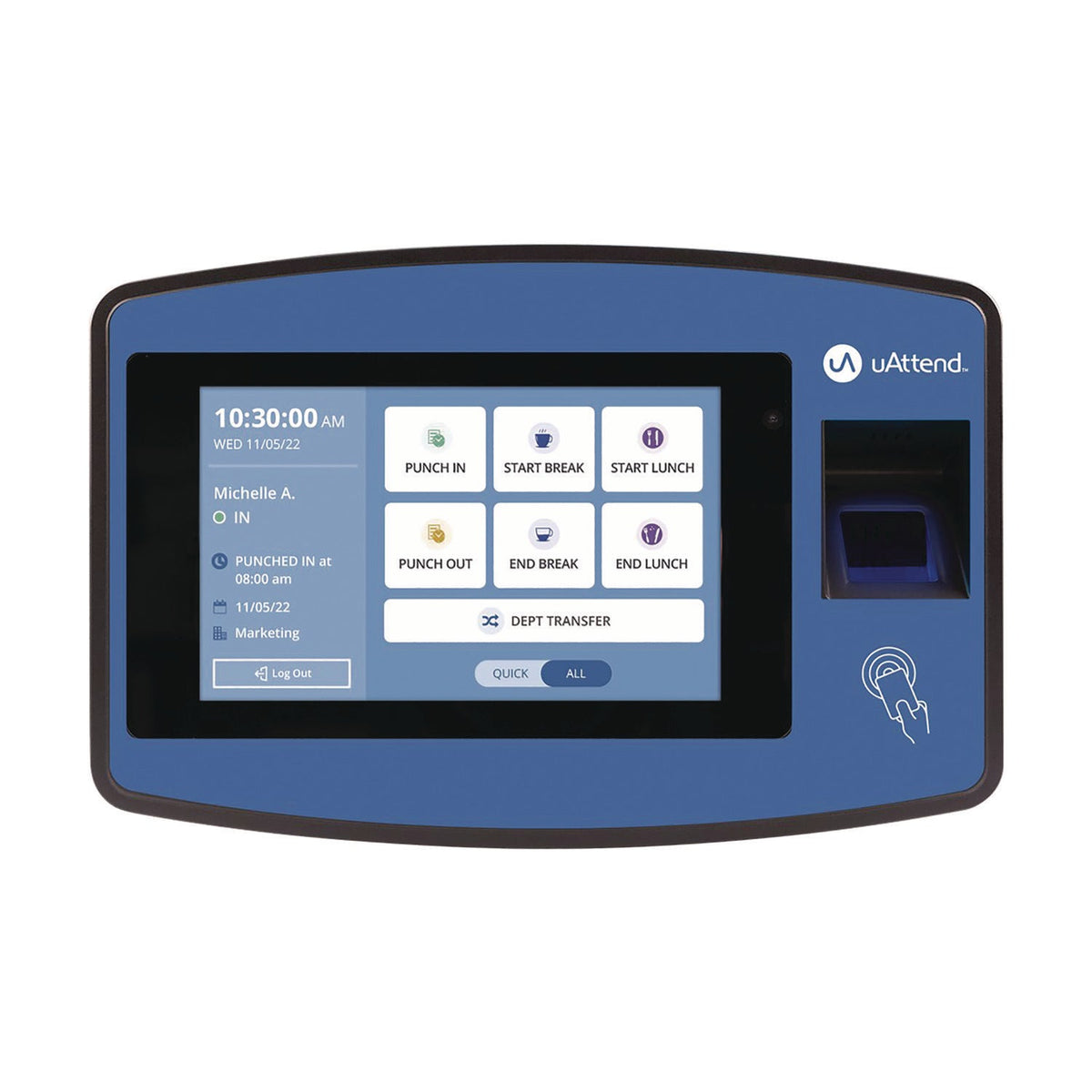 uAttend™ Biometric Fingerprint Touch Tablet Time Clock System, Unlimited Employees, Black/Blue