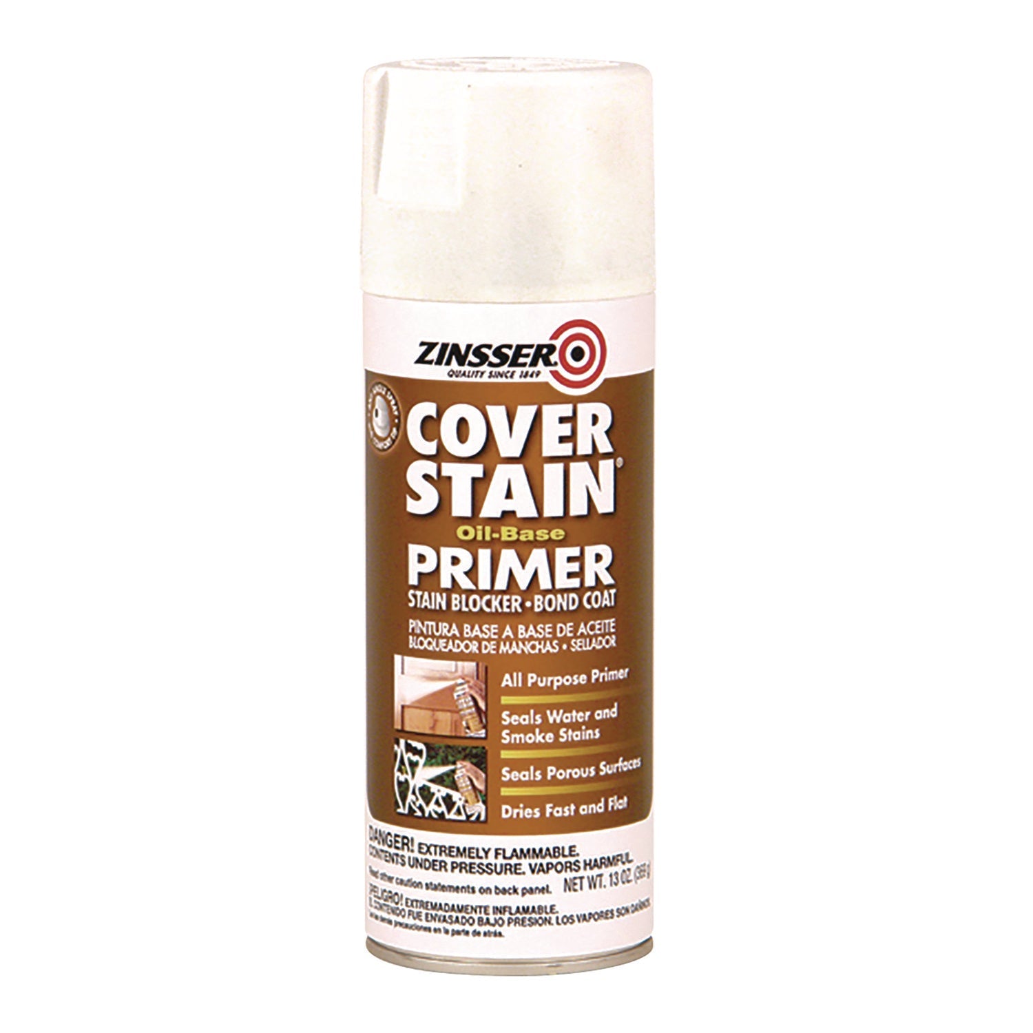 Zinsser® Cover Stain Oil-Based Spray Primer, Interior/Exterior, Flat White, 13 oz Aerosol Can, 6/Carton