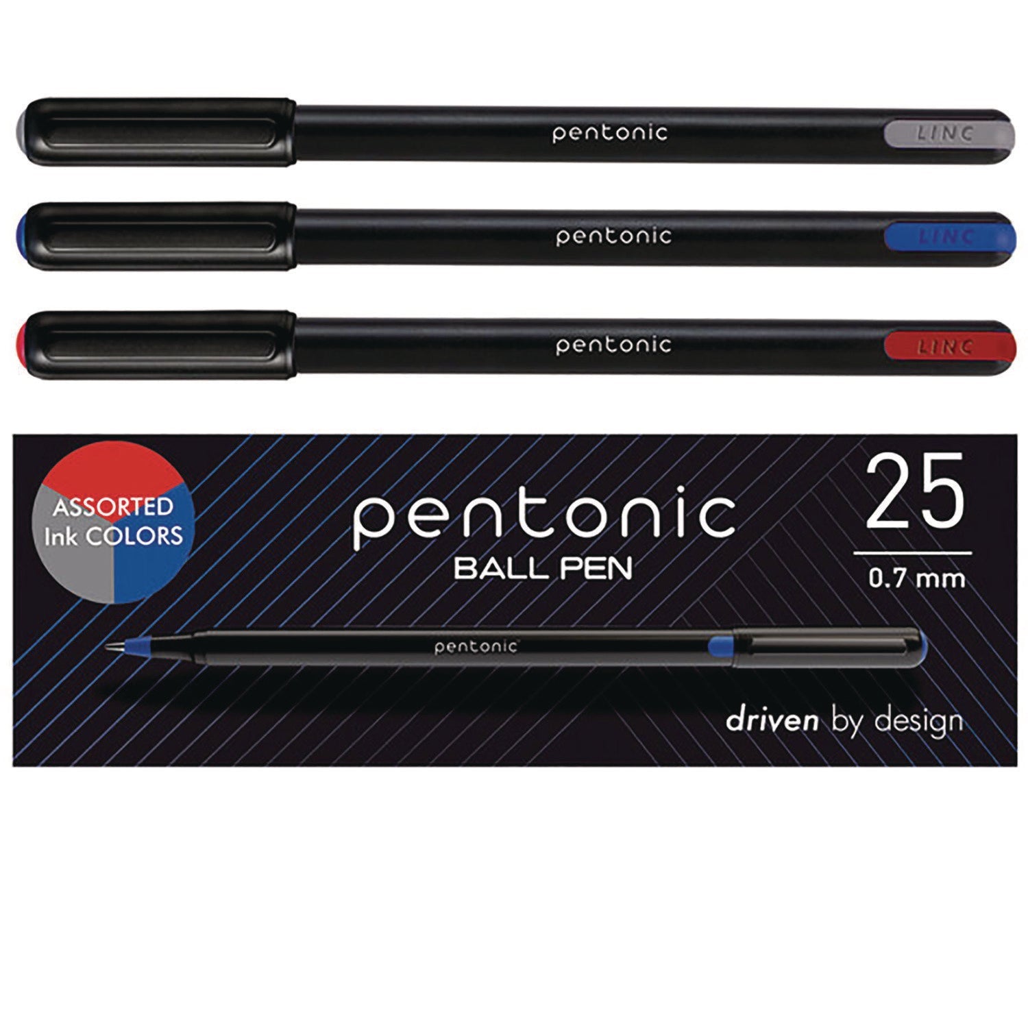 TOPS™ PENTONIC Ballpoint Pen, Stick, Fine 0.7 mm, Assorted Ink Colors, Black Barrel, 25/Pack