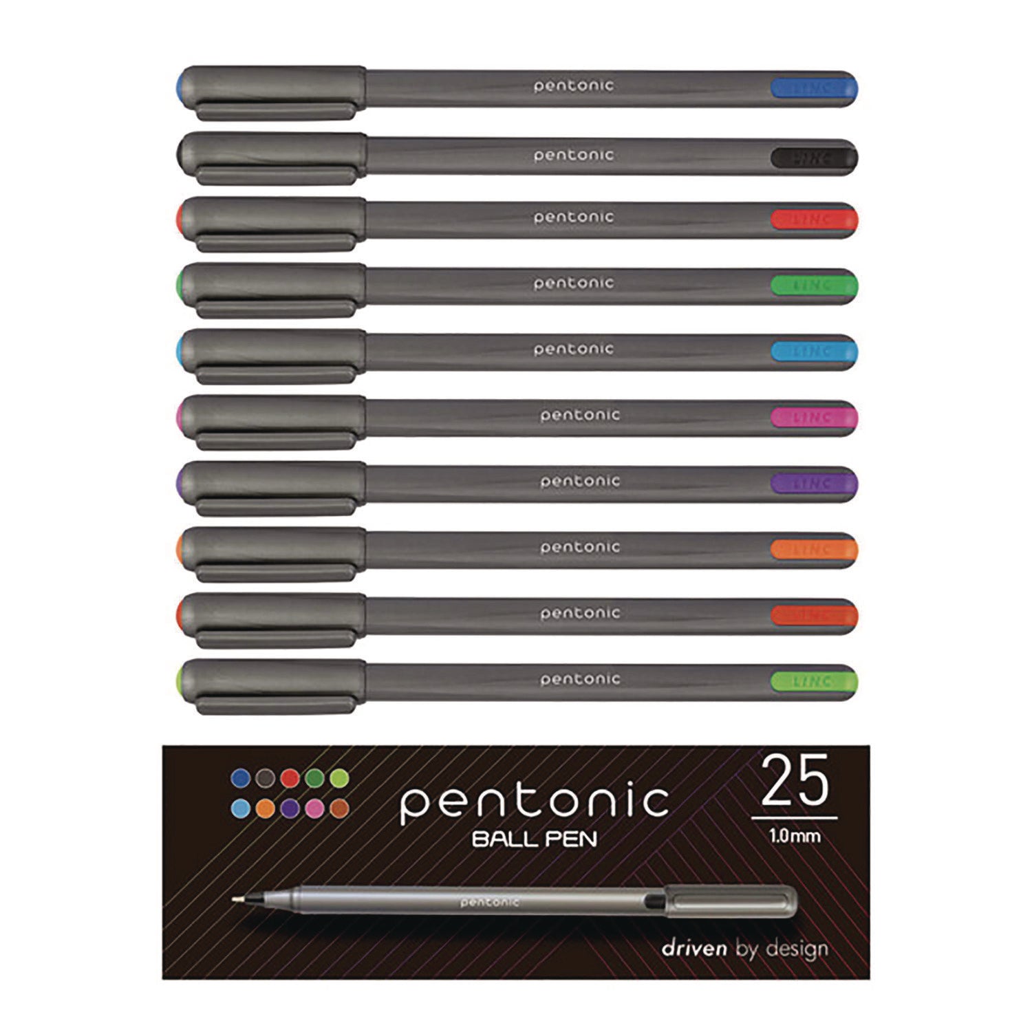 TOPS™ PENTONIC Ballpoint Pen, Stick, Medium 1 mm, Assorted Ink Colors, Charcoal Gray Barrel, 25/Pack
