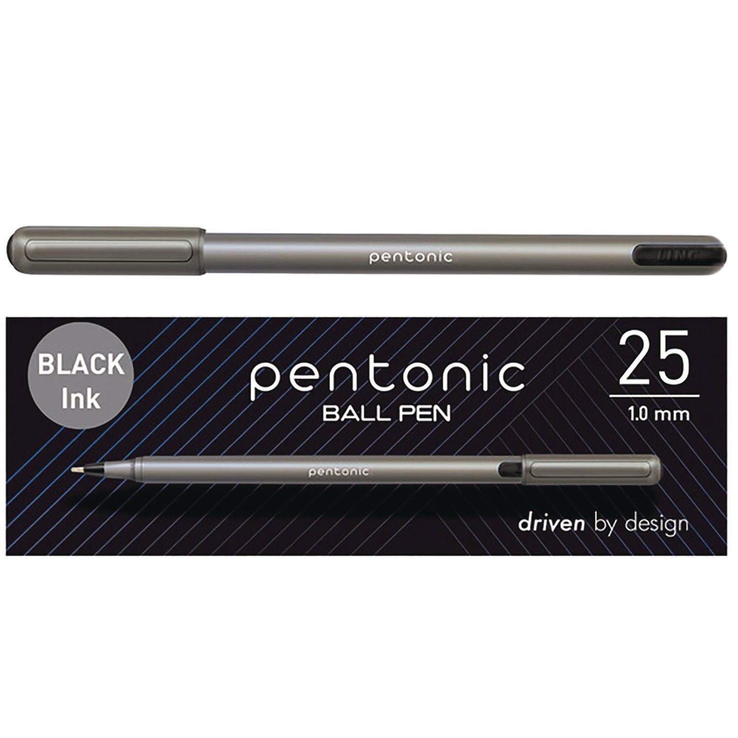 TOPS™ PENTONIC Ballpoint Pen, Stick, Medium 1 mm, Black Ink, Charcoal Gray Barrel, 25/Pack