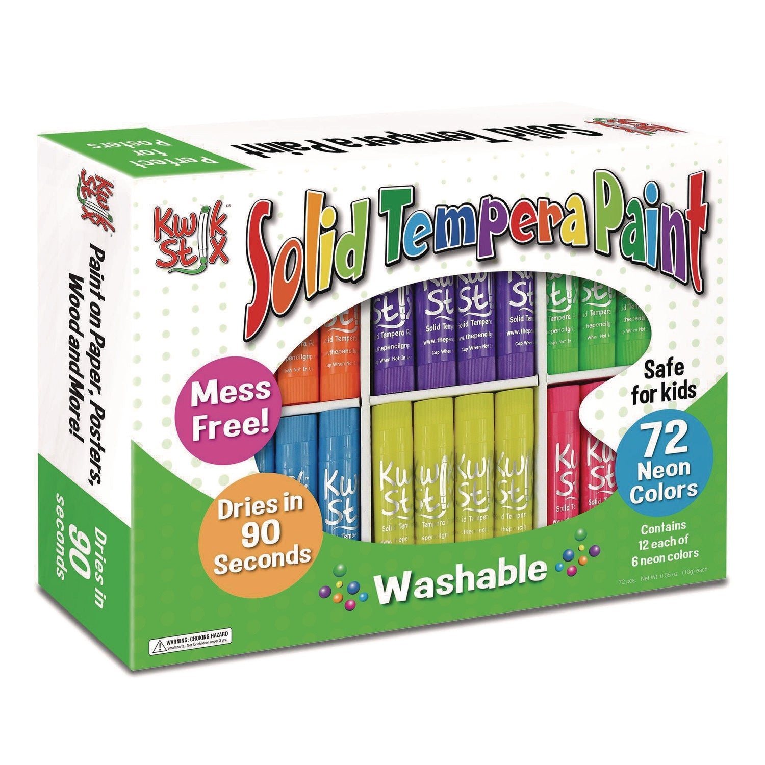 TPG Creations™ Kwik Stick Tempera Paint, 3.5", Assorted Neon Colors, 72/Pack, 3 Packs/Carton