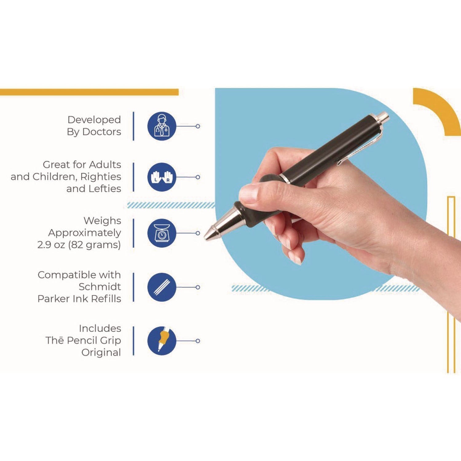 TPG Creations™ The Pencil Grip Heavyweight Ballpoint Pen with Patented Grip, Retractable, Medium 0.7mm, Black Ink, Black/Silver Barrel, 8/CT
