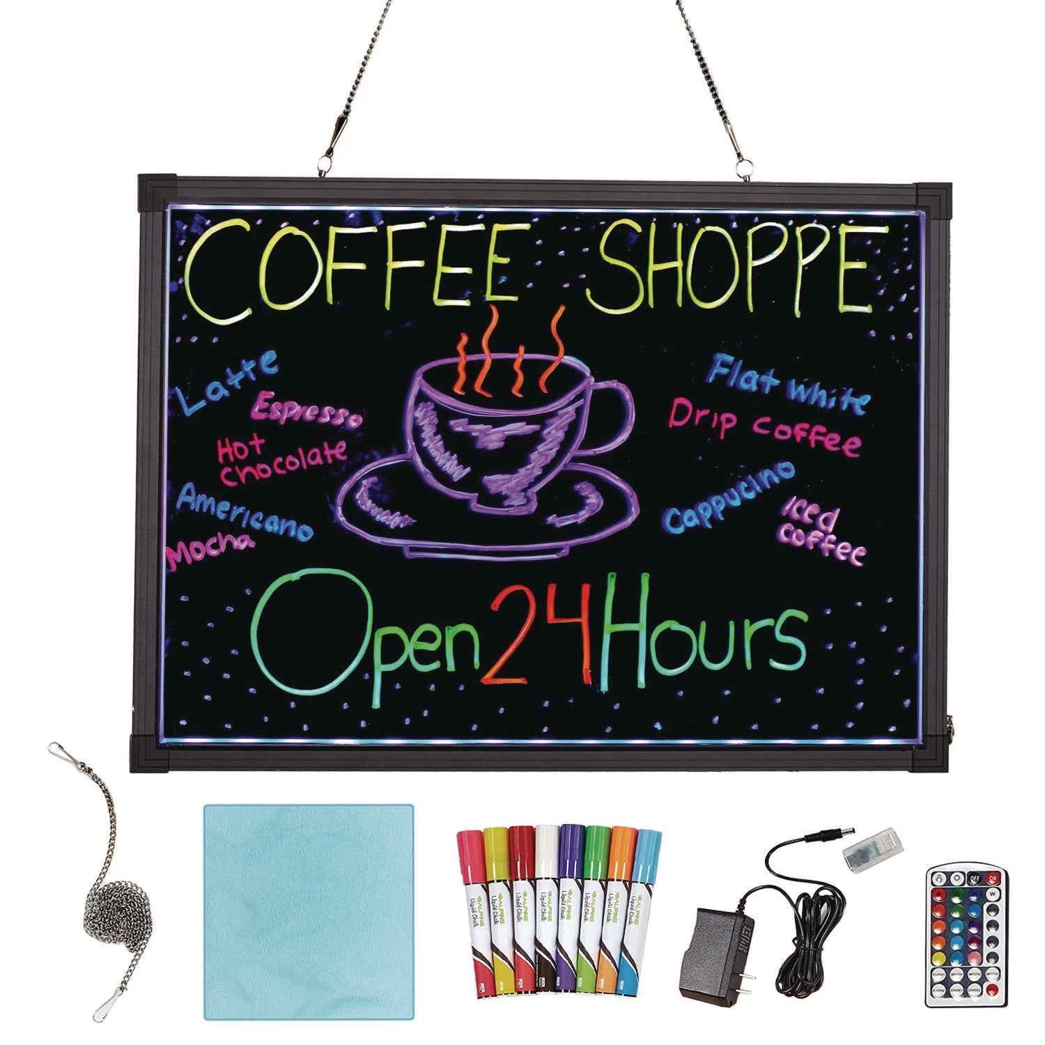 Alpine Industries LED Illuminated Hanging Message Writing Board, 19.7" x 27.6", Black Surface, Black Aluminum Frame