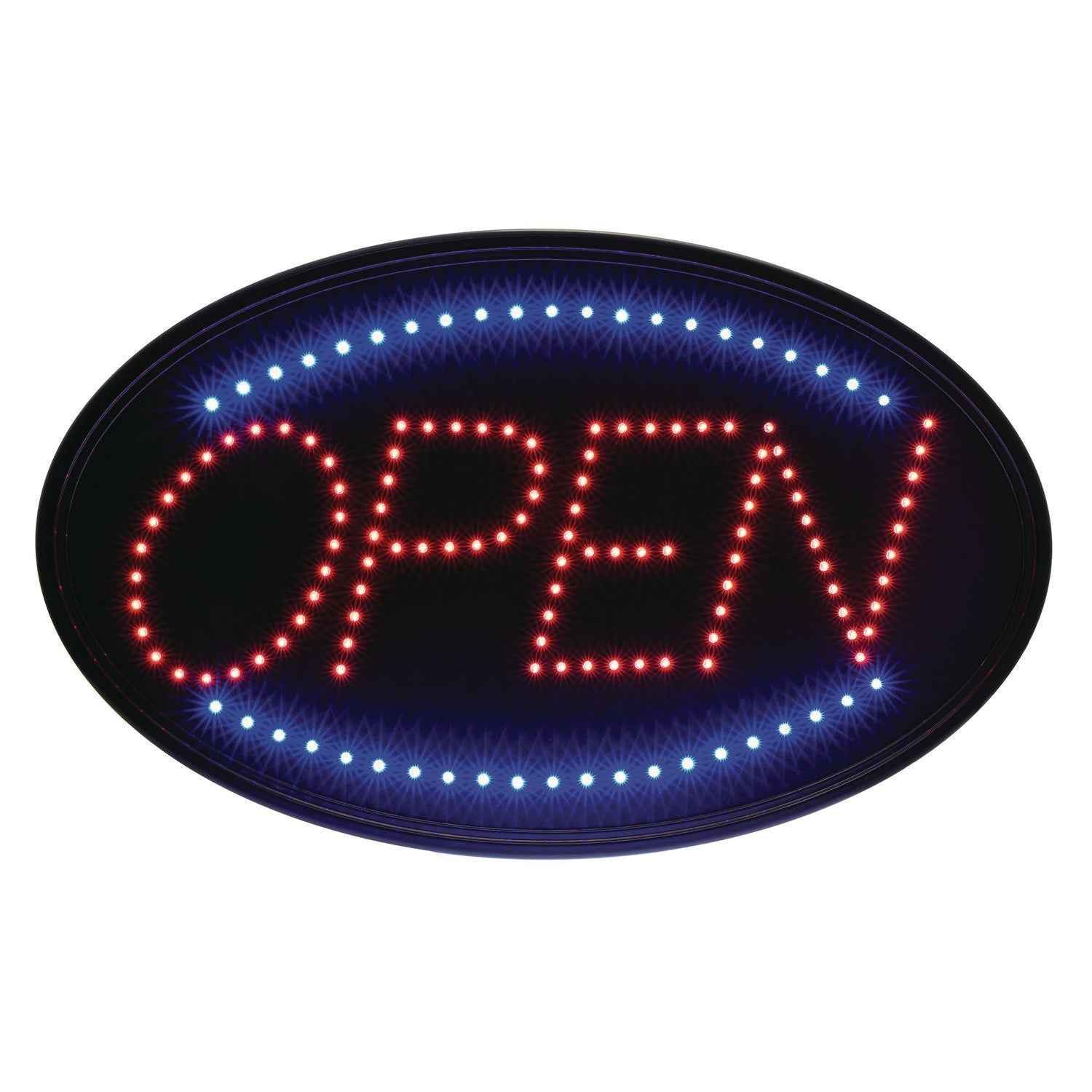 Alpine Industries LED Oval Open Sign, 23 x 14, Black Frame, Blue/Red Graphics