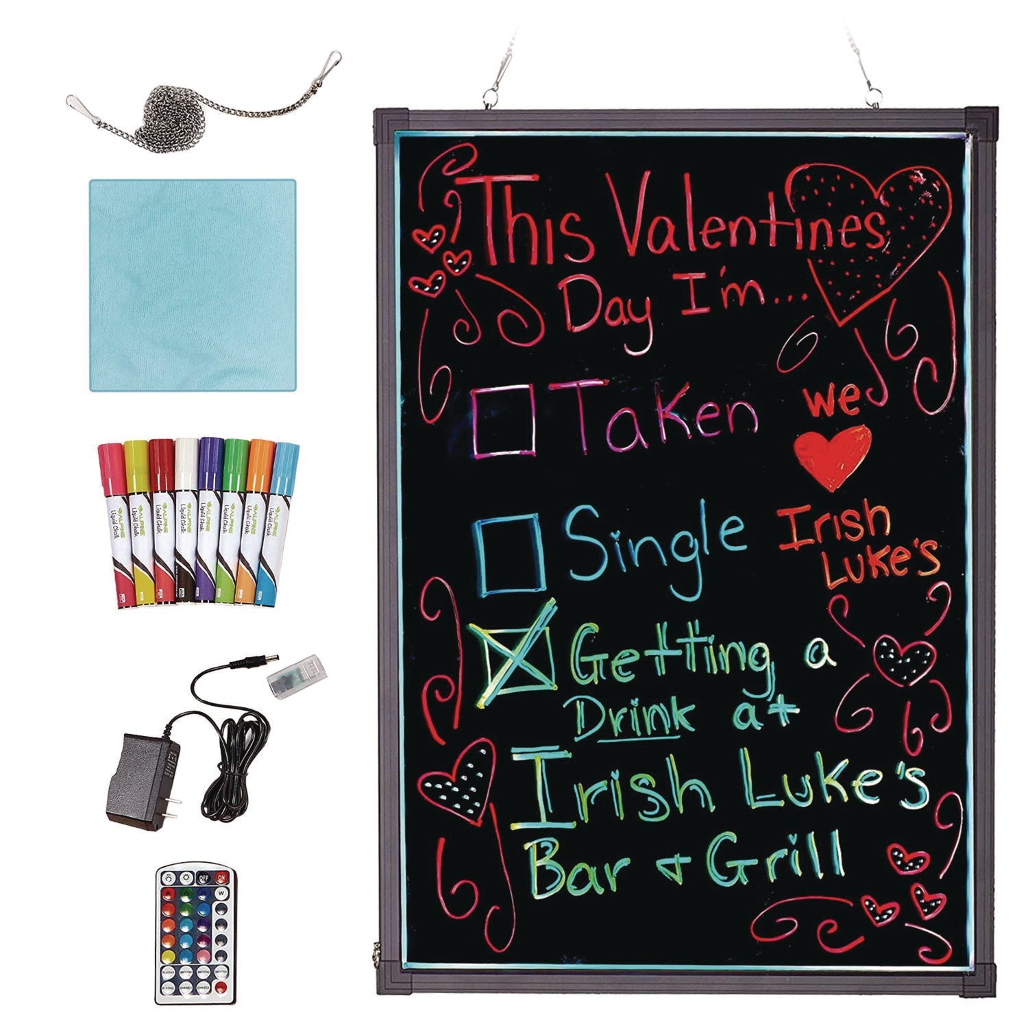 Alpine Industries LED Illuminated Hanging Message Writing Board, 23.6" x 31.5", Black Surface, Black Aluminum Frame