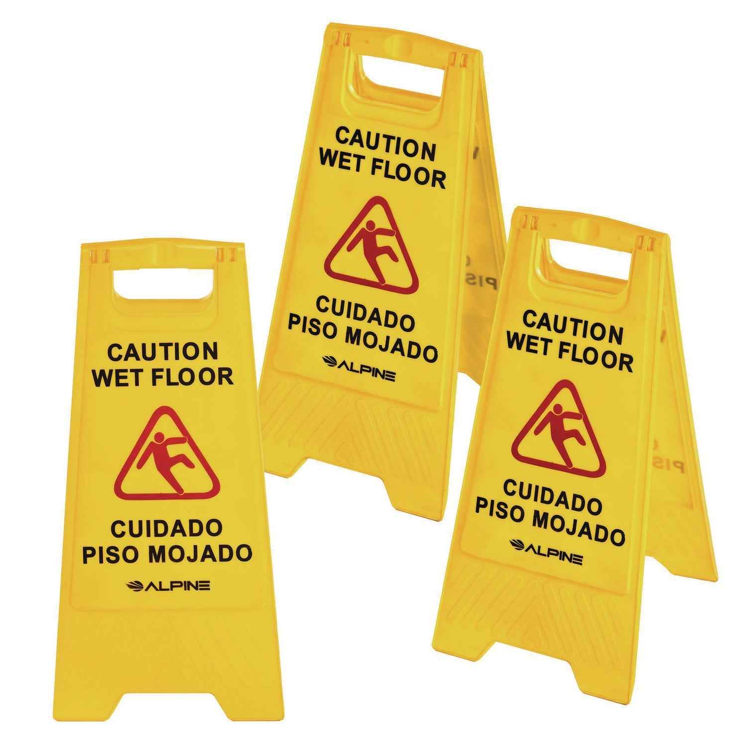Alpine Industries Bilingual Caution Wet Floor Sign, 11.8 x 0.7 x 24.6, Yellow, 3/Carton