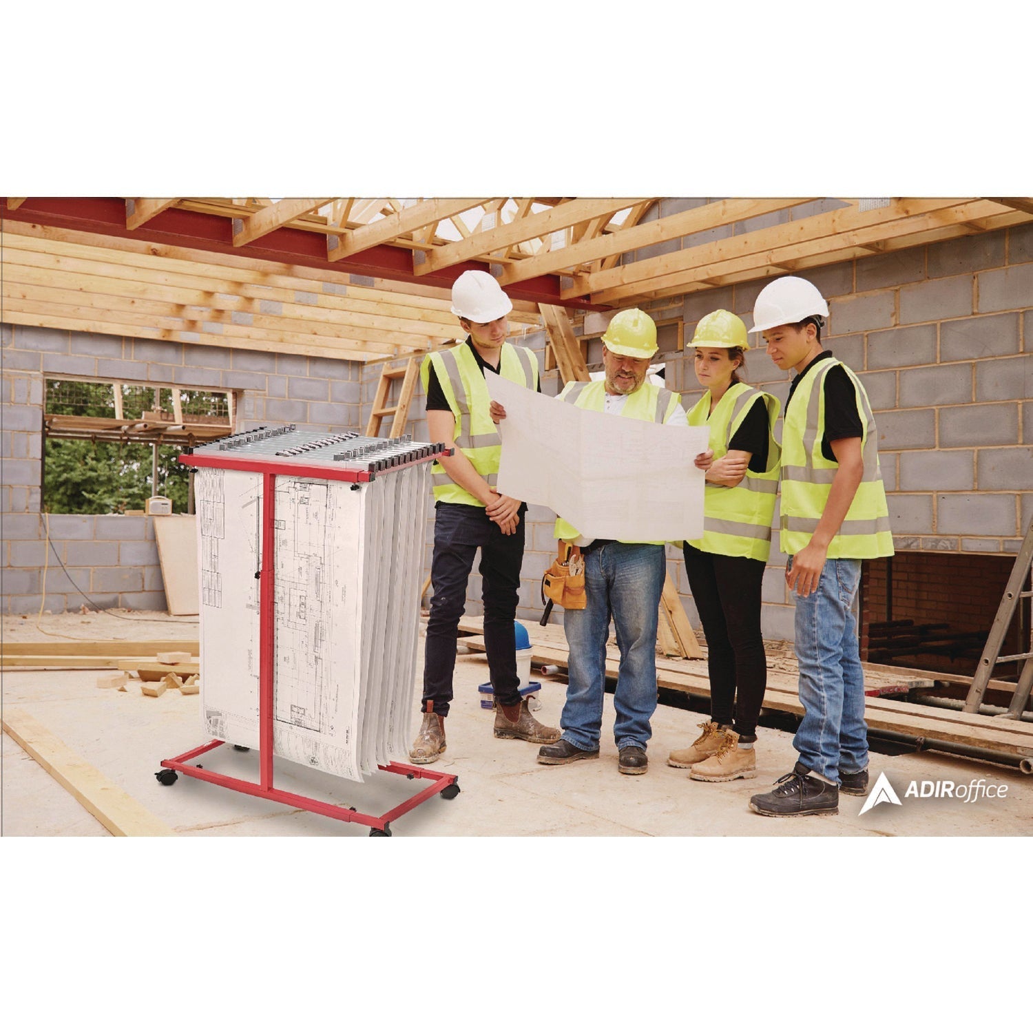 AdirOffice Blueprint Storage Cabinet Steel Vertical Plan Center, Assorted Document Sizes, 15" x 27" to 47.25" x 32.5" to 57", Red