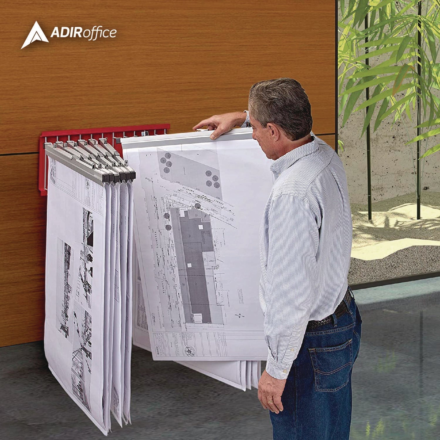 AdirOffice Large File Blueprint Pivot Wall Rack, Assorted Document Sizes Accommodated, 11" x 15.8" x 23.9", Red