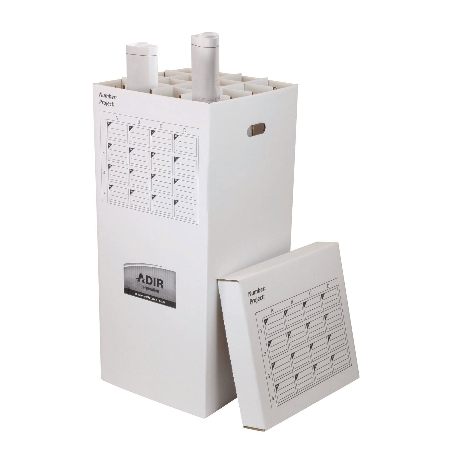 AdirOffice 16 Slot Blueprint Rolled File Upright Storage Box, 16 Compartments, 17.5 x 17.5 x 37, White