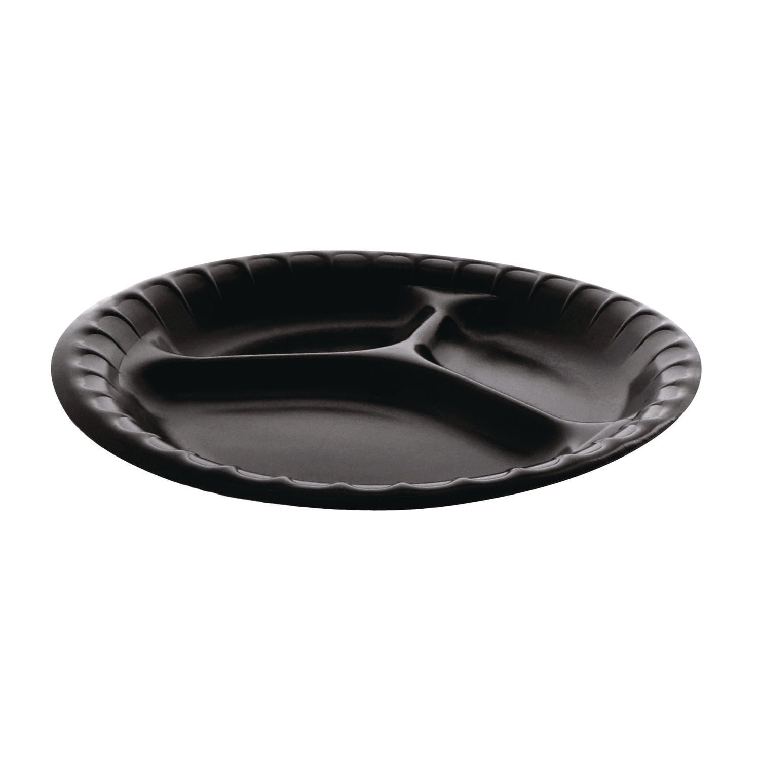 Pactiv Evergreen Placesetter Deluxe Laminated Foam Dinnerware, 3-Compartment Plate, 9" dia, Black, 200/Carton