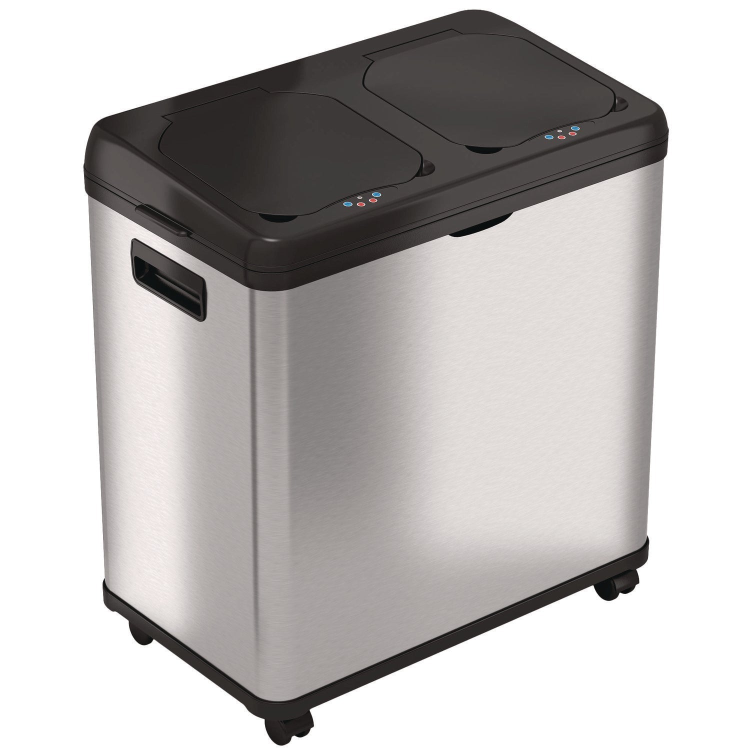 HLS Commercial® Dual Compartment Sensor Recycle Bin and Trash Can with Wheels, 16 gal, Plastic/Stainless Steel, Silver/Black
