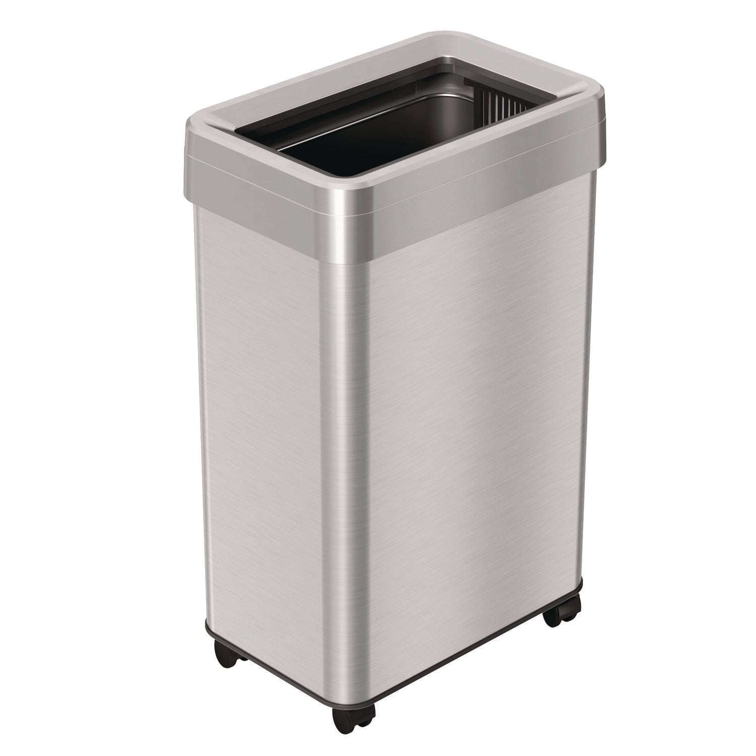 HLS Commercial® Open Top Trash Can with Wheels, Rectangular, 16 gal, Plastic/Stainless Steel, Silver