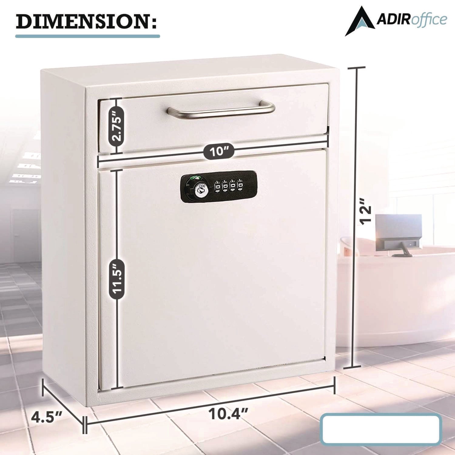 AdirOffice Medium Secure Drop Box Wall Mounted Locking Mail Box with Key and Combination Lock, 10.51 x 4.72 x 12, White