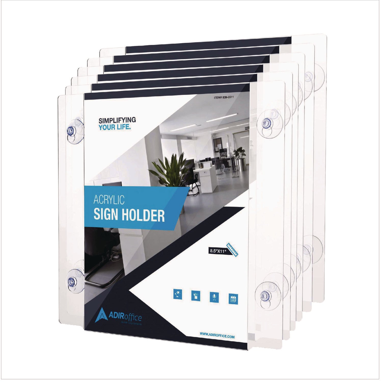 AdirOffice Clear Suction Acrylic Window Sign Holder, 8 x 11, Clear Frame, 6/Pack