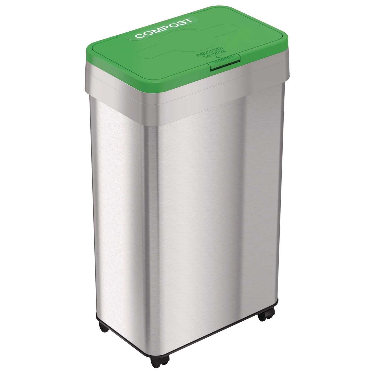 HLS Commercial® Open Top Compost Bin with Wheels and Color-Coded Lid, 21 gal, Plastic/Stainless Steel, Silver/Green