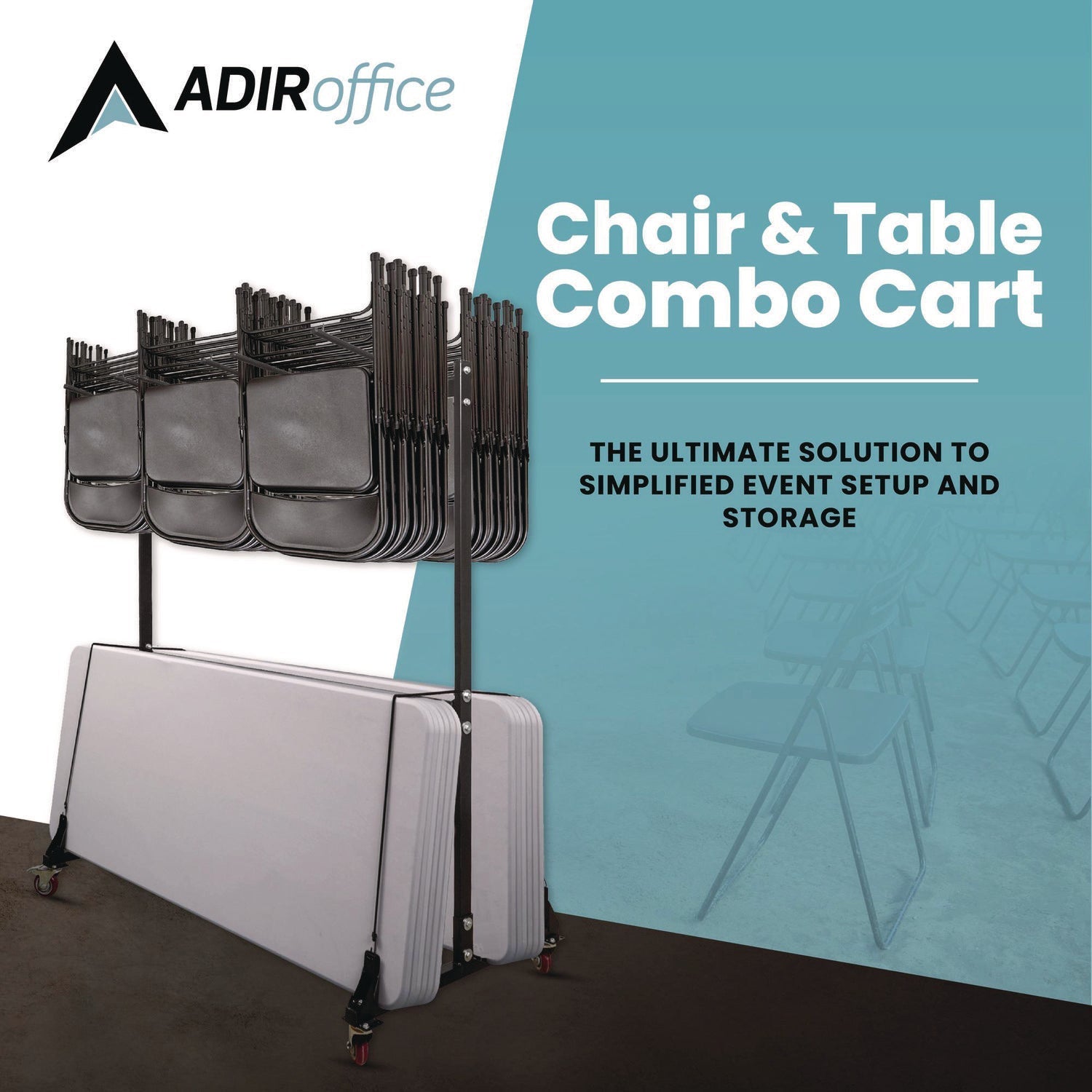 AdirOffice Folding Chair and Table Combo Cart, Metal, 600 lb Capacity, 33.7 x 65 x 67, Black