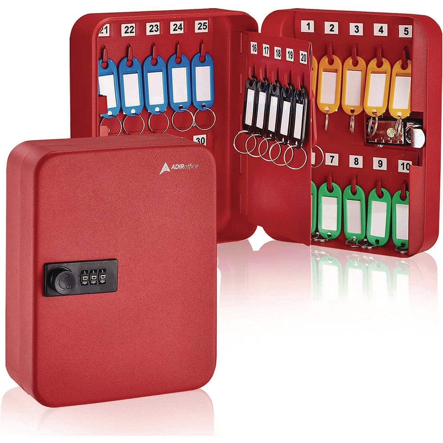 AdirOffice Steel Heavy-Duty Key Cabinet with Combination Lock, 30-Key, 6.4 x 3 x 8, Stainless Steel 304, Red