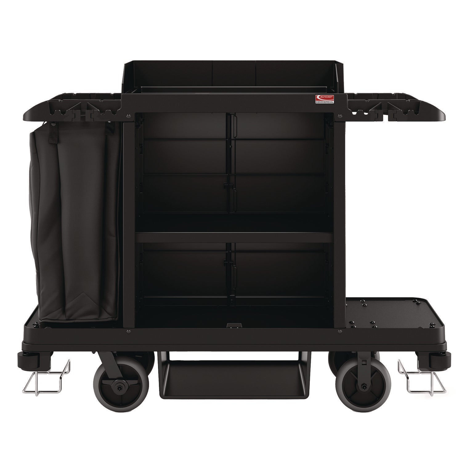 Suncast Commercial® Standard Housekeeping Cart, Plastic, 1 Shelf, 24" x 62.13" x 49.75", Black