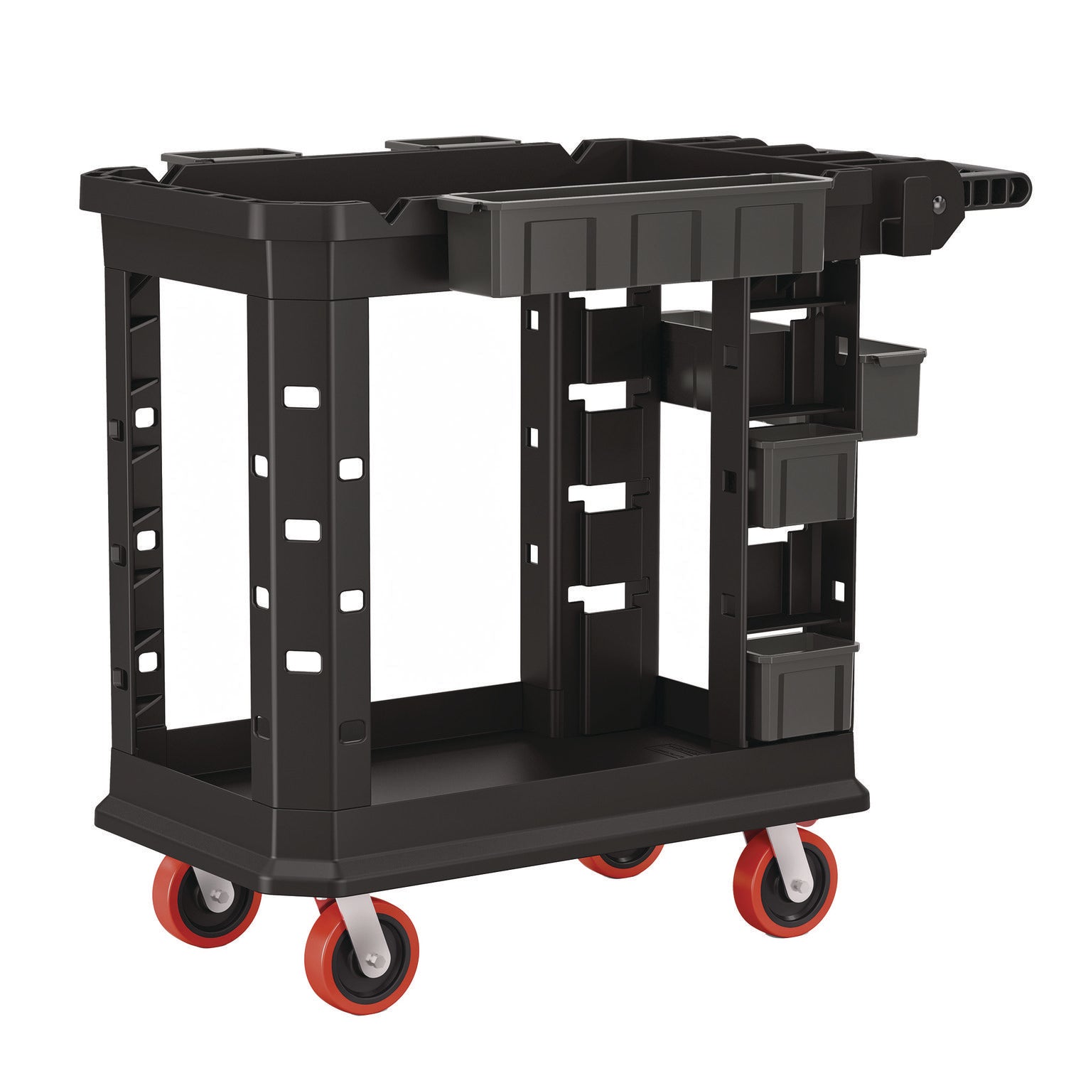 Suncast Commercial® Heavy Duty Plus Utility Cart, Plastic, 2 Shelves, 6 Bins, 500 lb Capacity, 19.5" x 41.78" x 34.81", Black