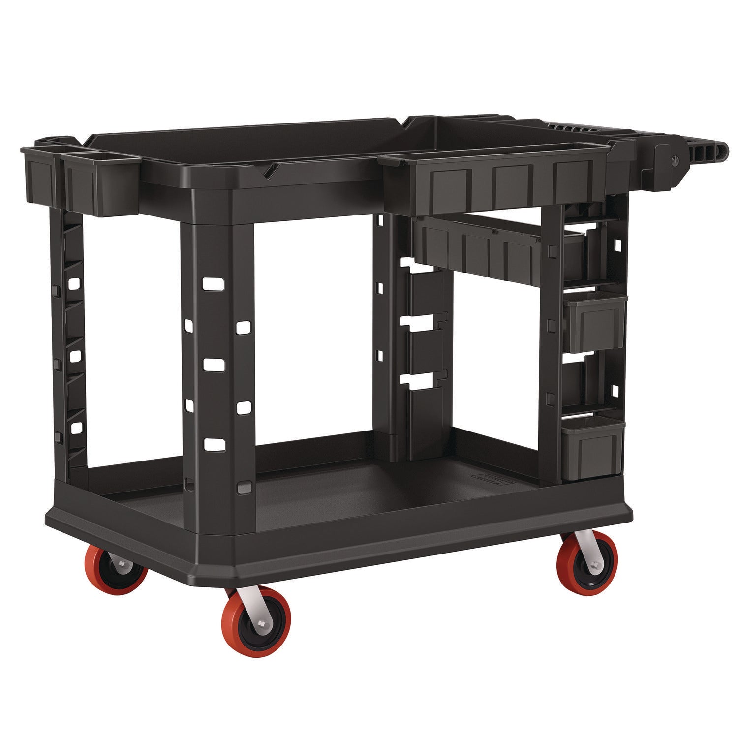 Suncast Commercial® Heavy Duty Plus Utility Cart, Plastic, 2 Shelves, 6 Bins, Capacity, 26.5" x 48.78" x 34.81", Black