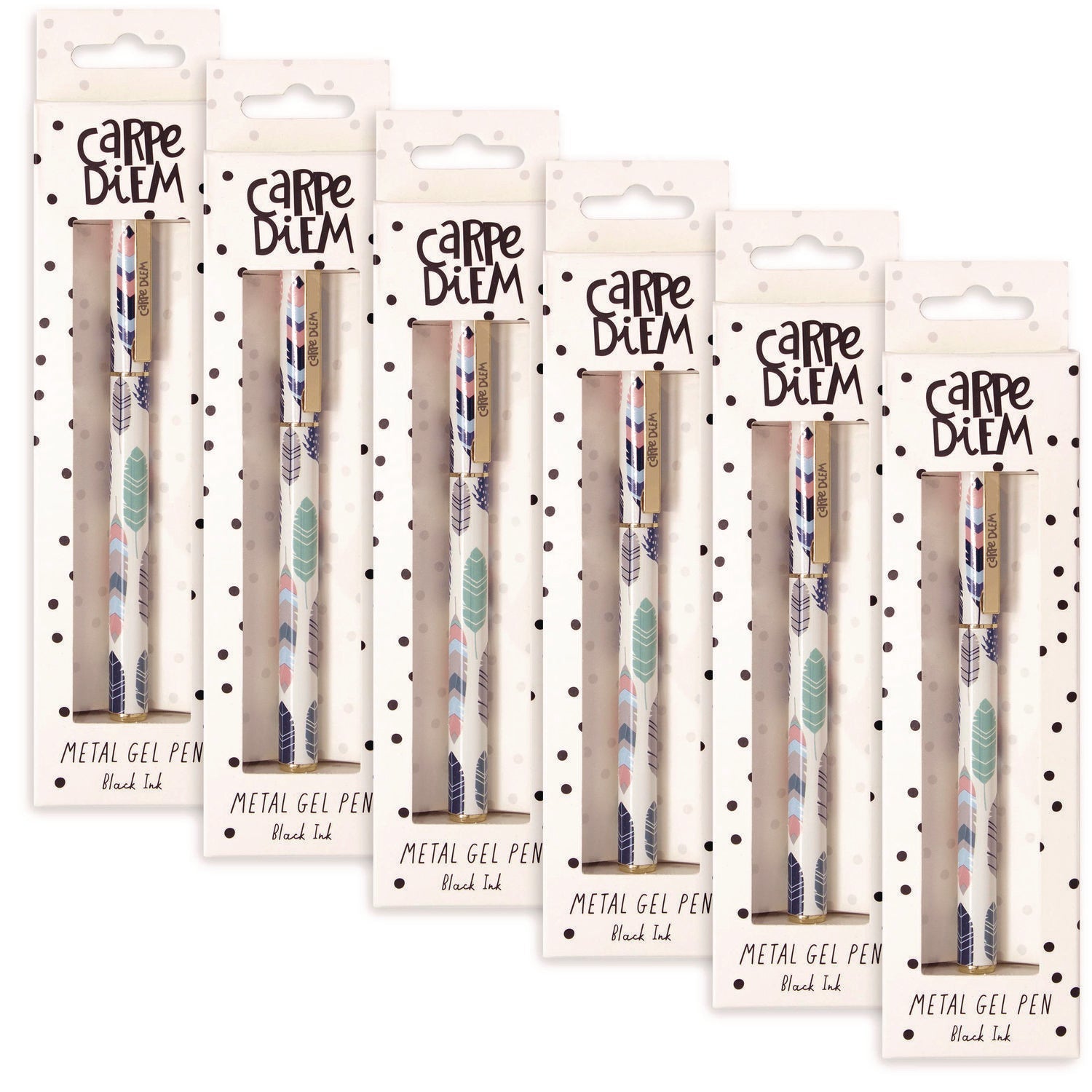 PUKKA PAD® Carpe Diem Metal Gel Pen, Stick, Medium 0.7 mm, Black Ink, White/Blue/Green Feather Barrel, 6/Pack