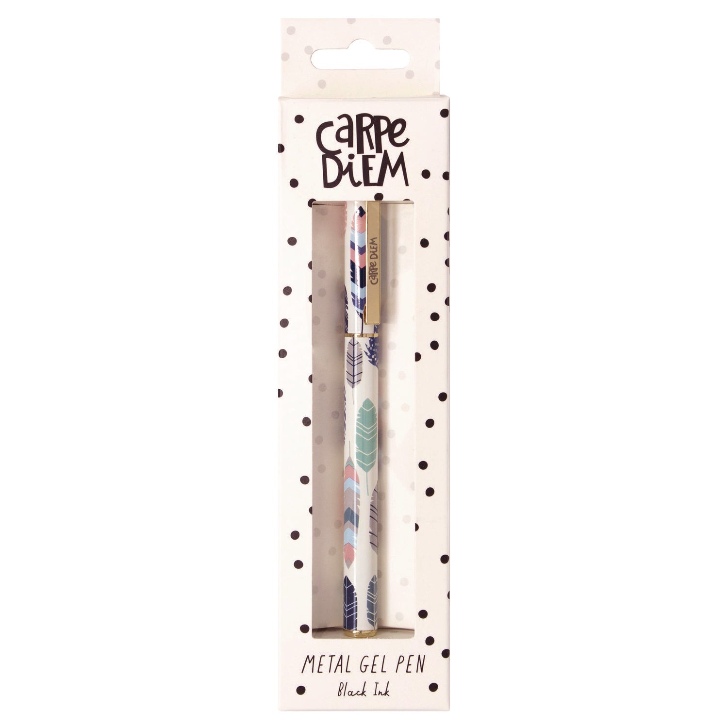 PUKKA PAD® Carpe Diem Metal Gel Pen, Stick, Medium 0.7 mm, Black Ink, White/Blue/Green Feather Barrel, 6/Pack