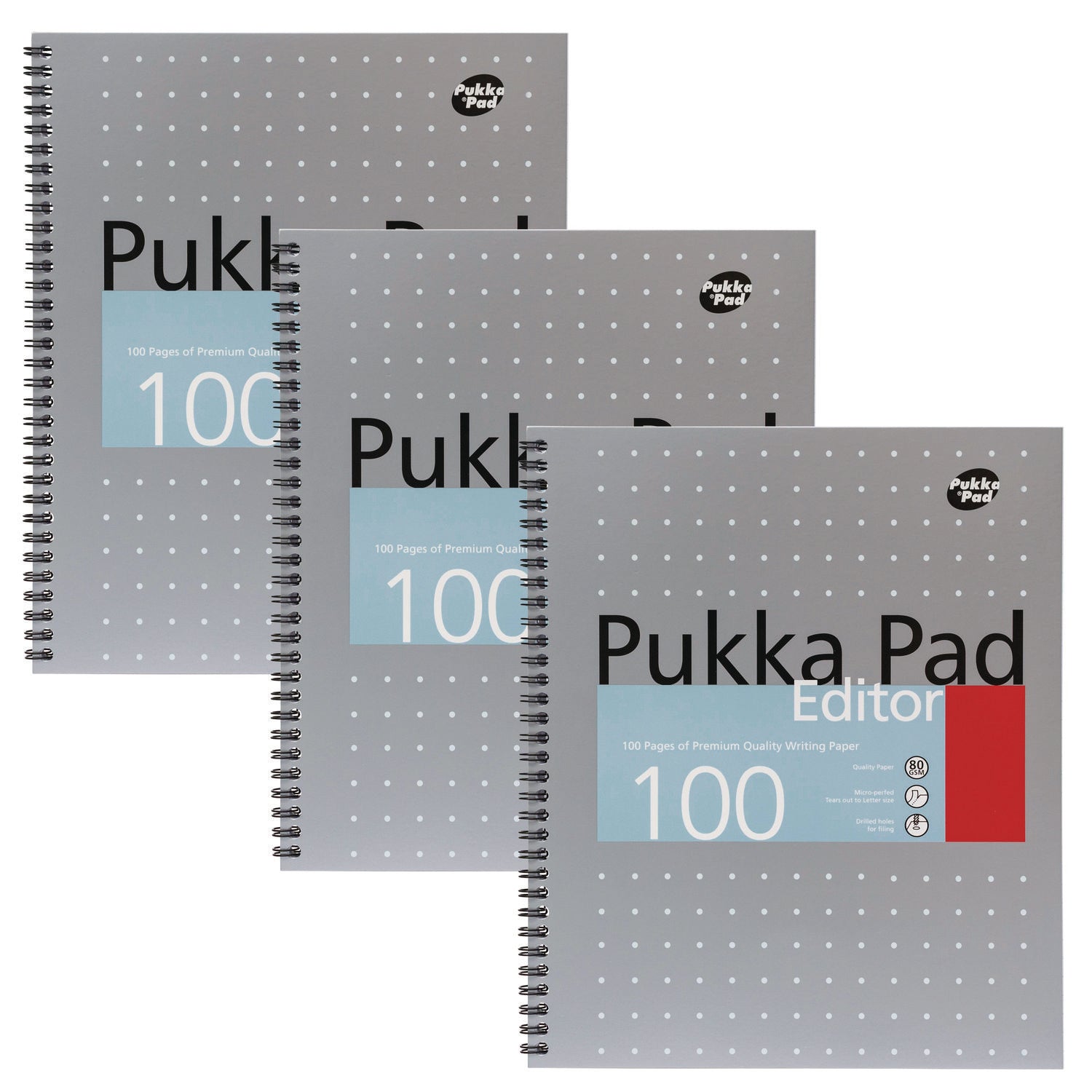 PUKKA PAD® Letter Size Notebook, 1-Subject, Medium/College Rule, Silver with White Dots Cover, (50) 11 x 8.5 Sheets, 3/Pack