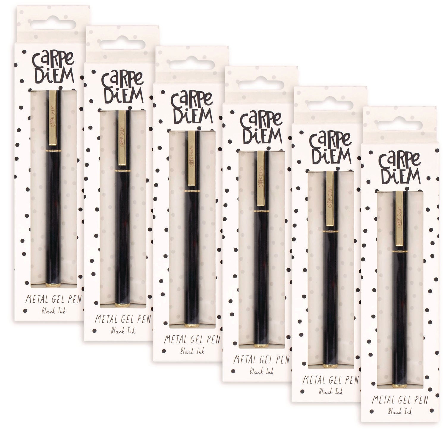 PUKKA PAD® Carpe Diem Metal Gel Pen, Stick, Medium 0.7 mm, Black Ink, Black Barrel, 6/Pack