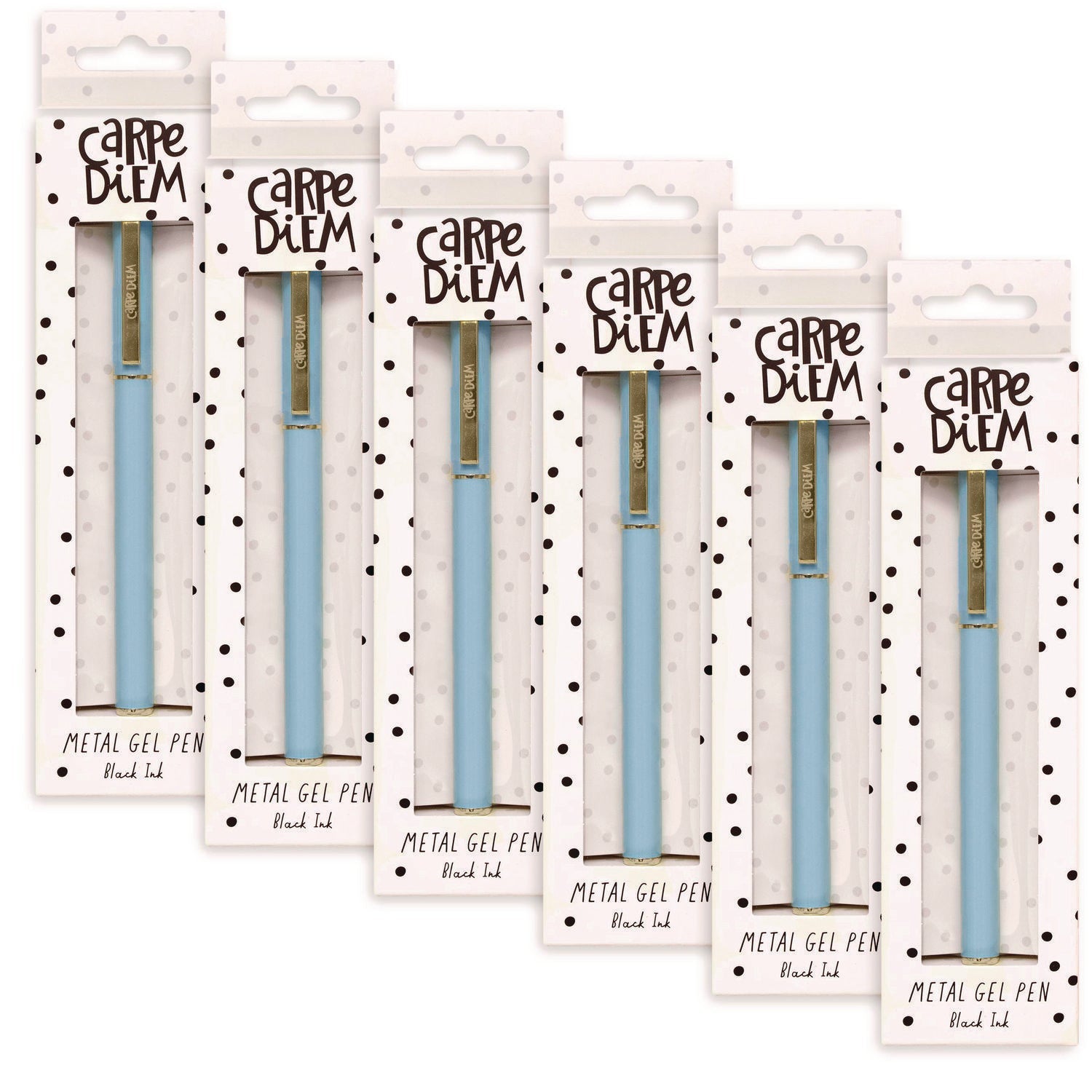 PUKKA PAD® Carpe Diem Metal Gel Pen, Stick, Medium 0.7 mm, Black Ink, Blue Barrel, 6/Pack