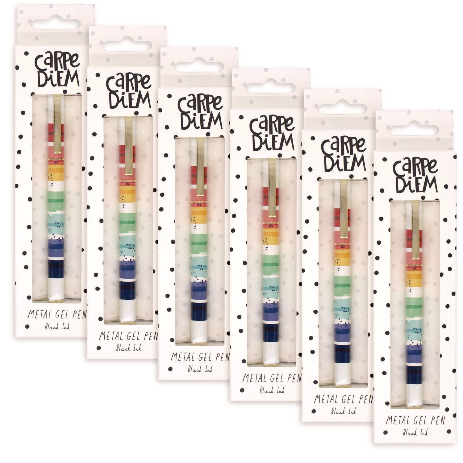PUKKA PAD® Carpe Diem Metal Gel Pen, Stick, Medium 0.7 mm, Black Ink, Color Wash Multicolor Barrel, 6/Pack