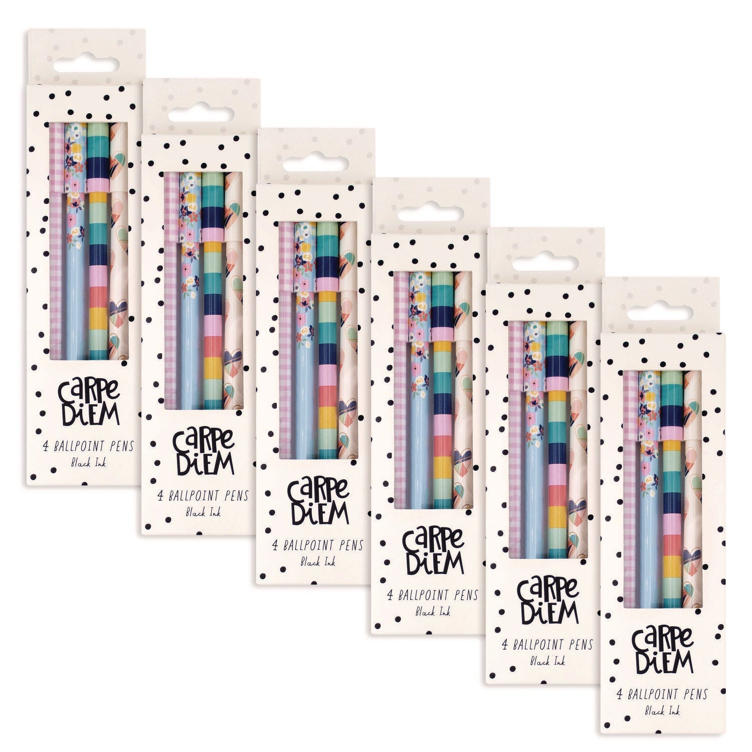 PUKKA PAD® Carpe Diem Ballpoint Pen, Stick, Medium 0.7 mm, Black Ink, Assorted Ditzy Floral Barrel Patterns 4 Pens/Pack, 6 Packs/Box