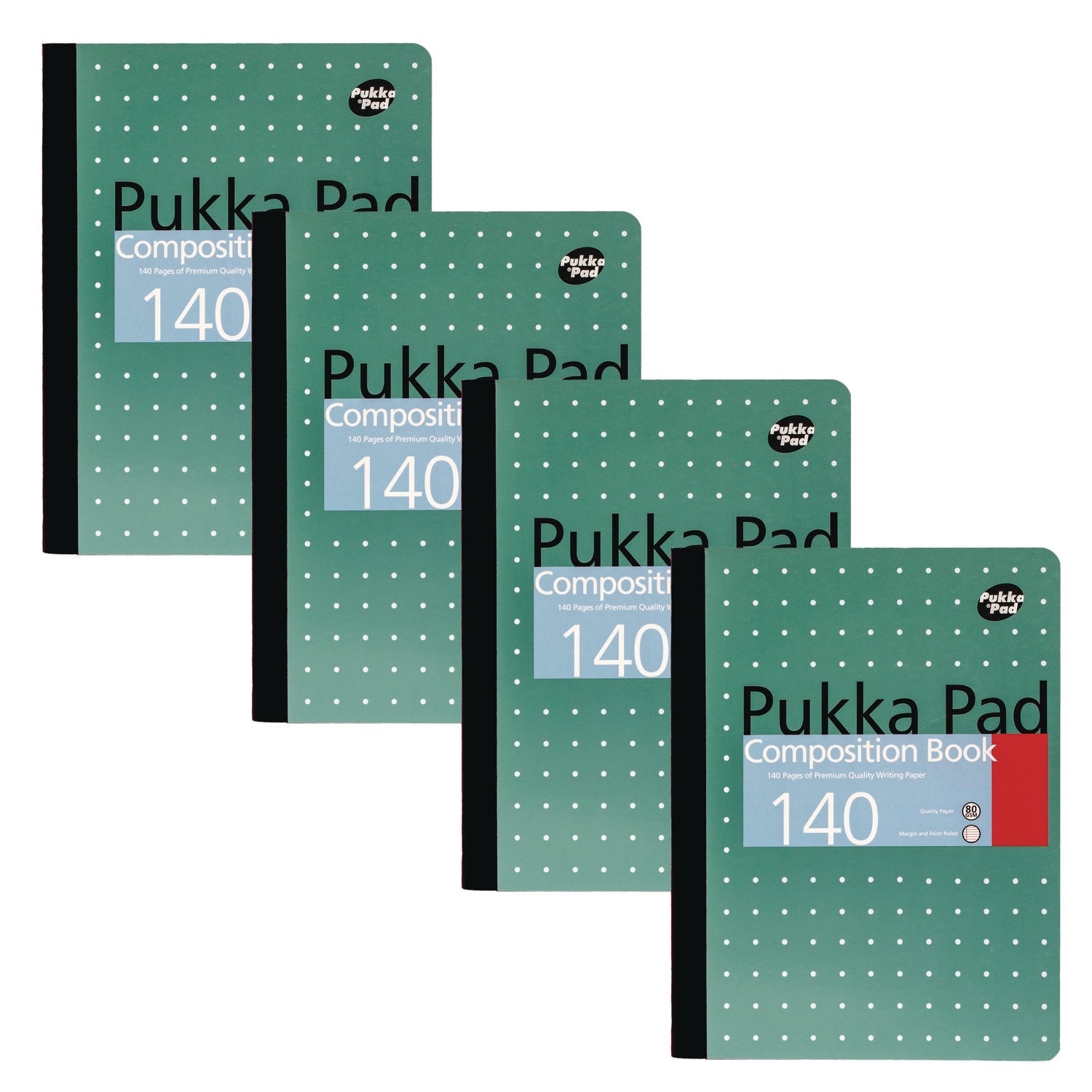 PUKKA PAD® Composition Book, Medium/College Rule, Metallic Green with White Dots Cover, (70) 9.75 x 7.5 Sheets, 4/Pack