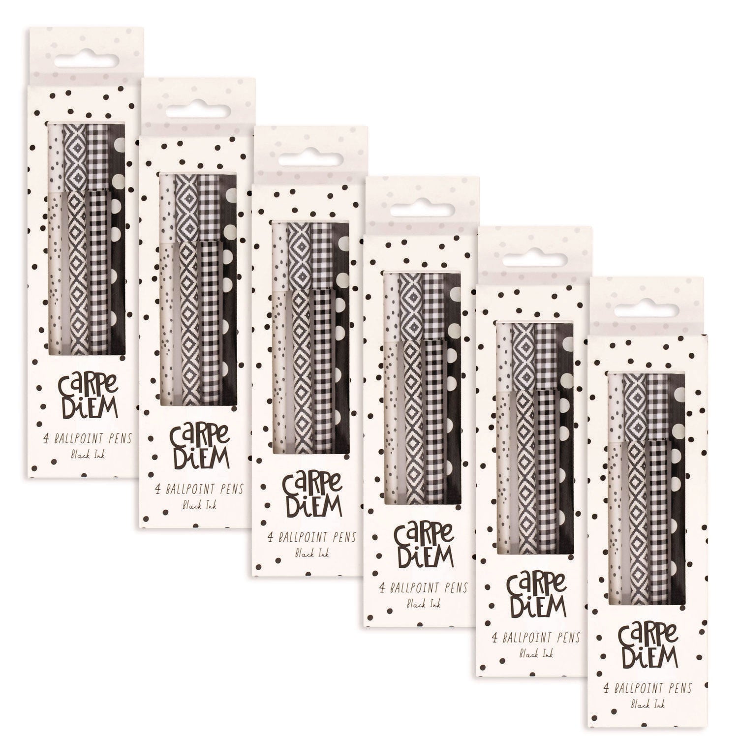 PUKKA PAD® Carpe Diem Ballpoint Pen, Stick, Medium 0.7 mm, Black Ink, Assorted Geometric Barrel Patterns, 4 Pens/Pack, 6 Packs/Box