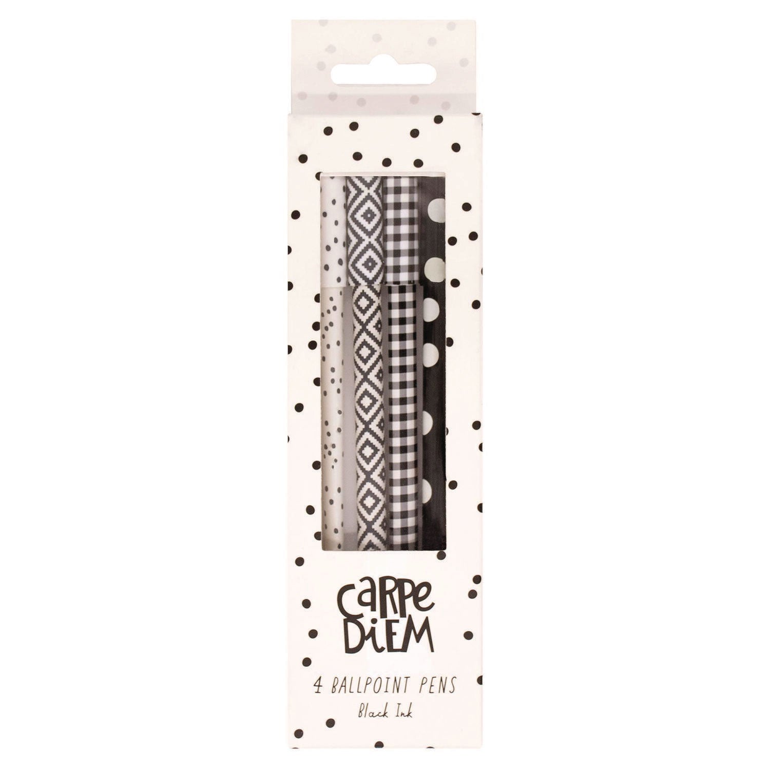 PUKKA PAD® Carpe Diem Ballpoint Pen, Stick, Medium 0.7 mm, Black Ink, Assorted Geometric Barrel Patterns, 4 Pens/Pack, 6 Packs/Box