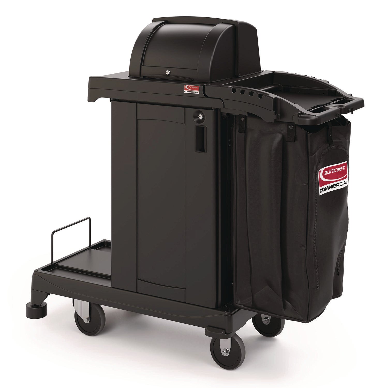Suncast Commercial® High Security Housekeeping Cart, Plastic, 1 Shelf, 3 Bins, 23.19 x 53.23 x 53.02, Black