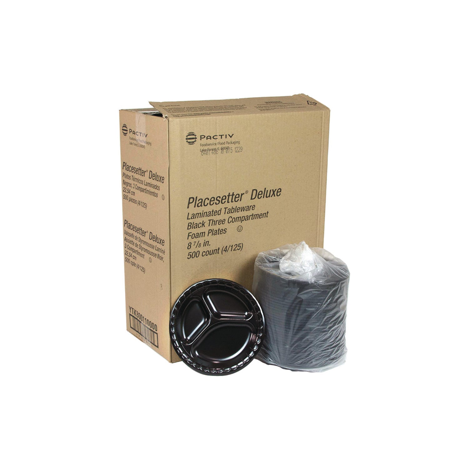 Pactiv Evergreen Placesetter Deluxe Laminated Foam Dinnerware, 3-Compartment Plate, 9" dia, Black, 500/Carton