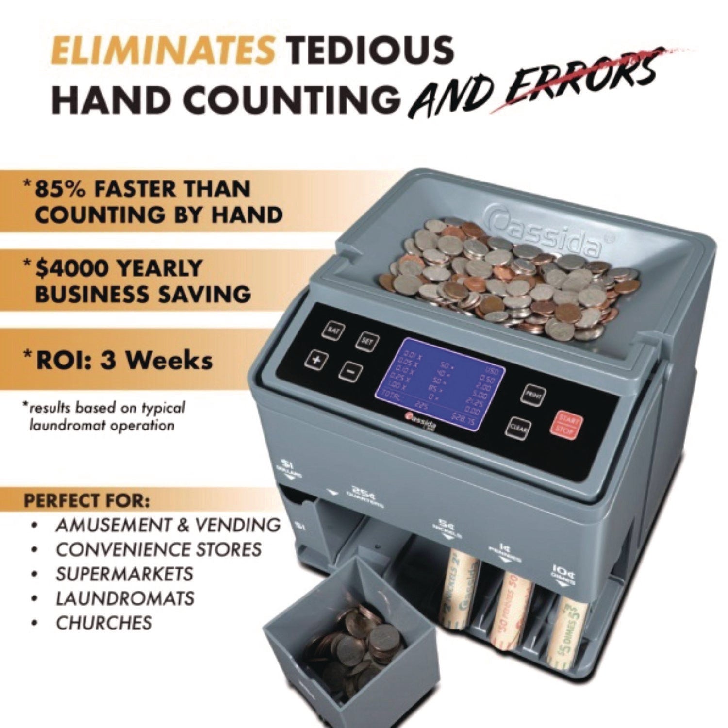 Cassida C300 Series Coin Sorter/Counter, 300 Coins/Min, 11" x 11" x 10", Gray