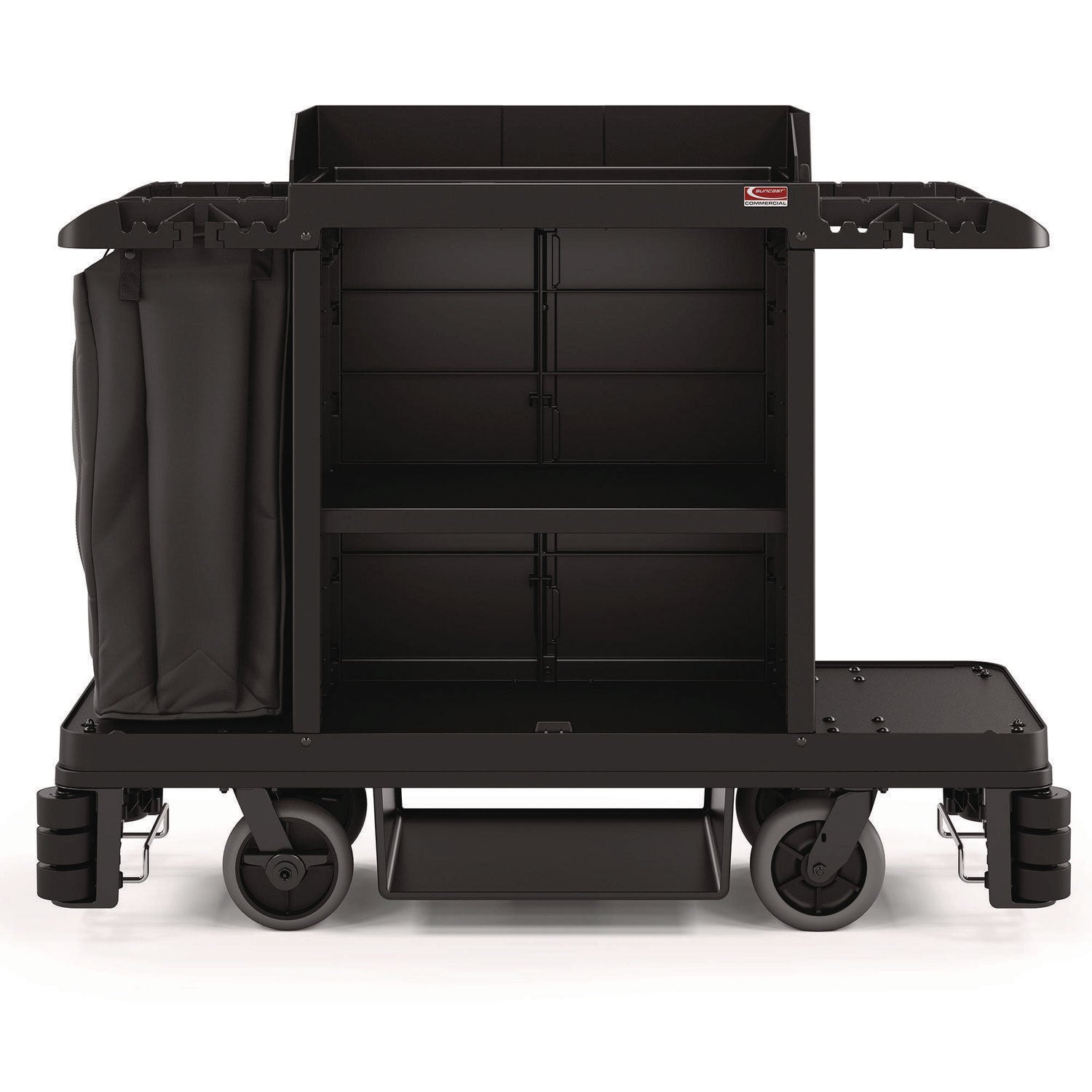Suncast Commercial® Partially Assembled Premium Housekeeping Cart, Plastic, 1 Shelf, 24 x 62.13 x 49.75, Black