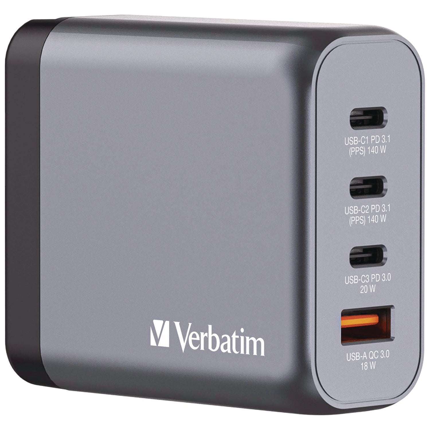 Verbatim® 140 W 4-Port GaN Wall Charger, Black/Gray